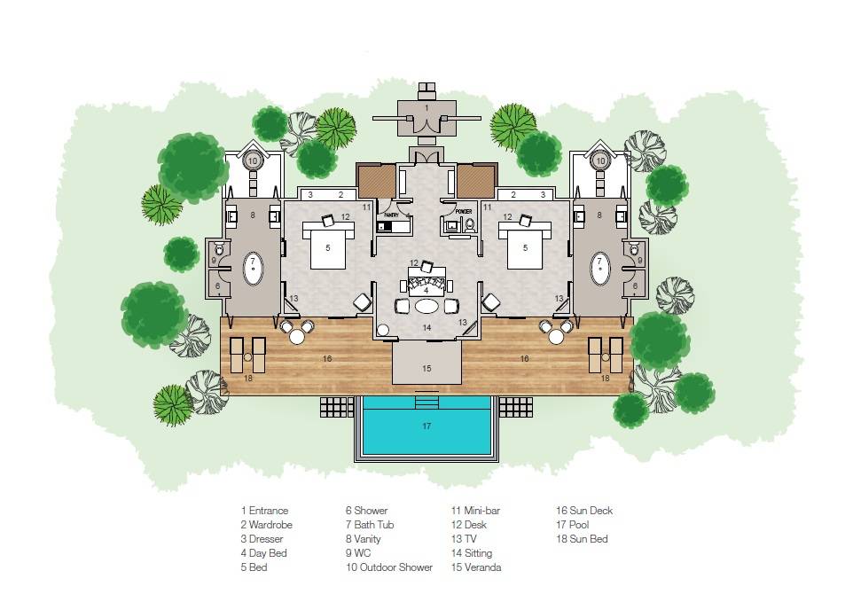 Sun Siyam Iru Veli, Malediven, Two Bedroom Beach Residence with Pool, Grundriss