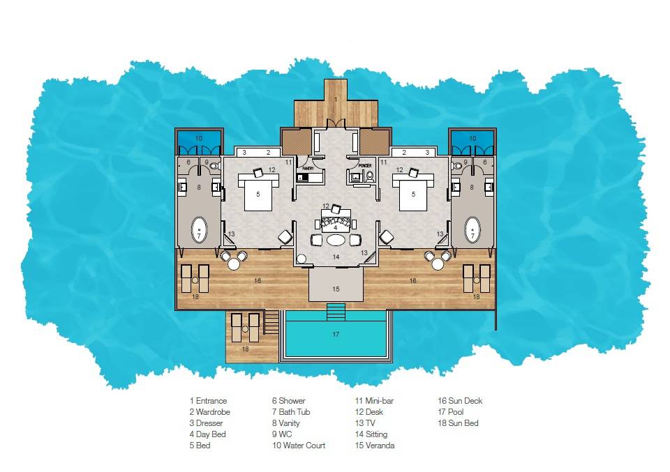 Sun Siyam Iru Veli, Malediven, Two Bedroom Ocean Residence with Pool, Grundriss