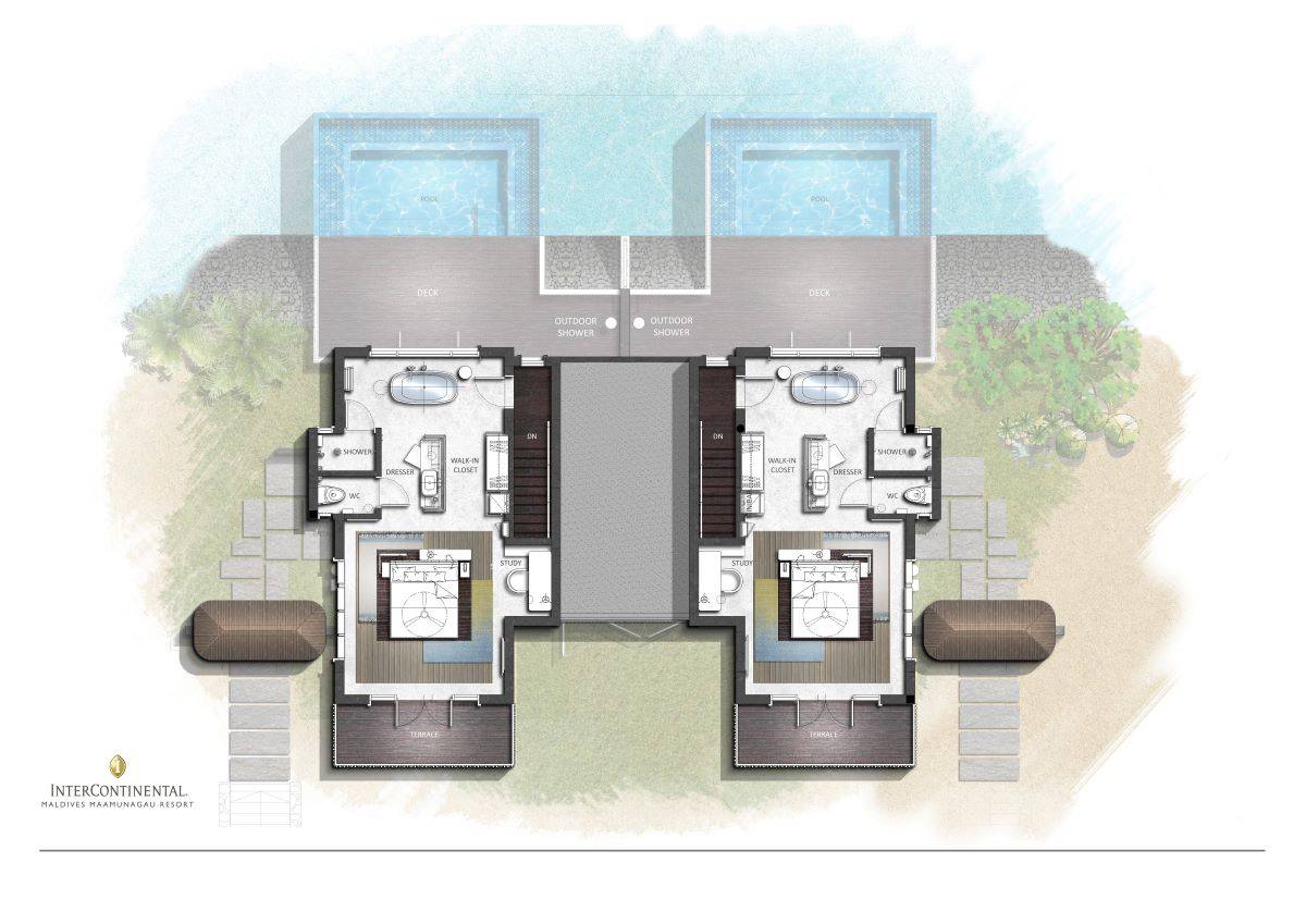 InterContinental Maldives Maamunagau Resort, One Bedroom Lagoon Pool Villa, Grundriss nebeneinander