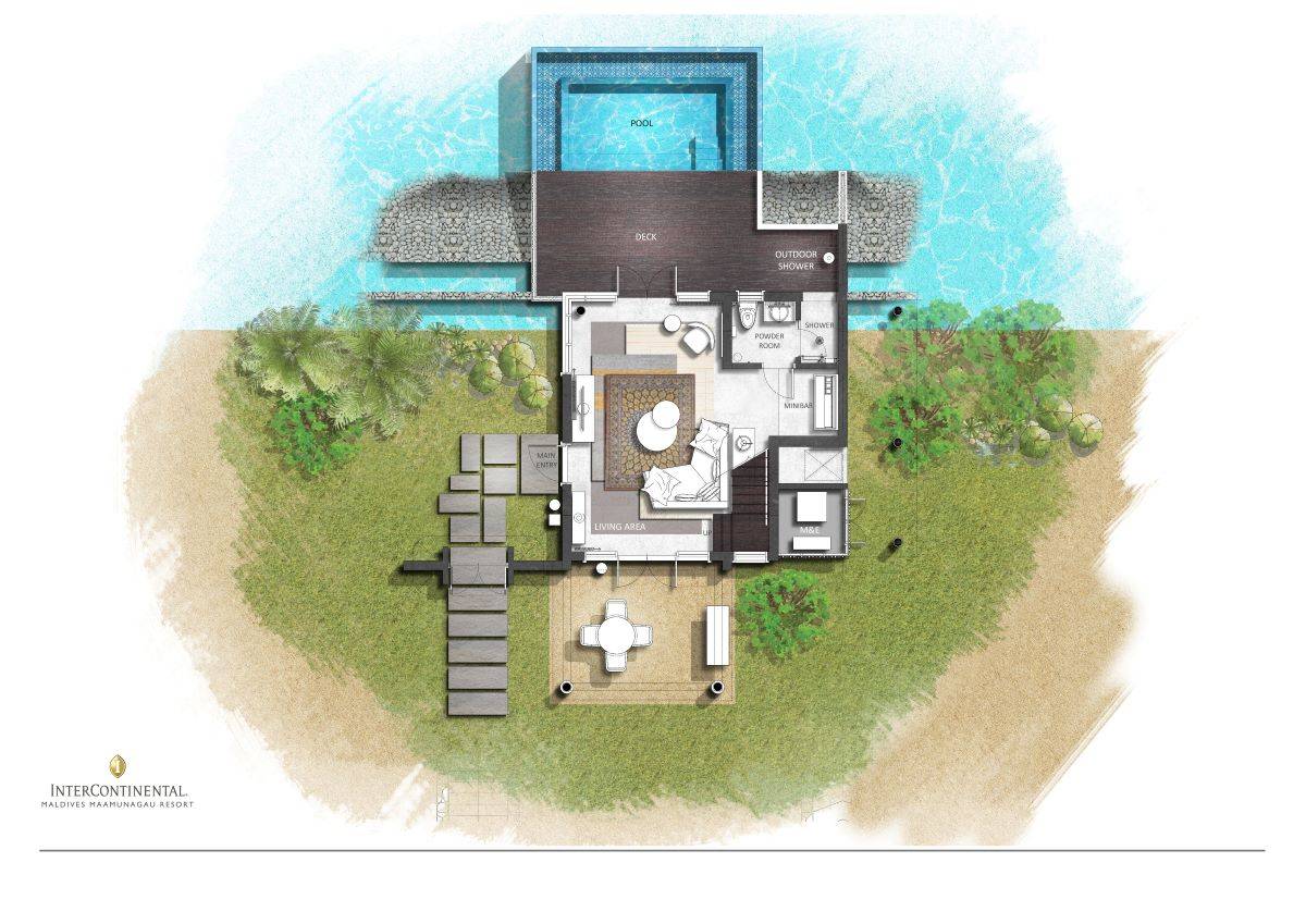 InterContinental Maldives Maamunagau Resort, Two Bedroom Family Lagoon Pool Villa, Grundriss EG