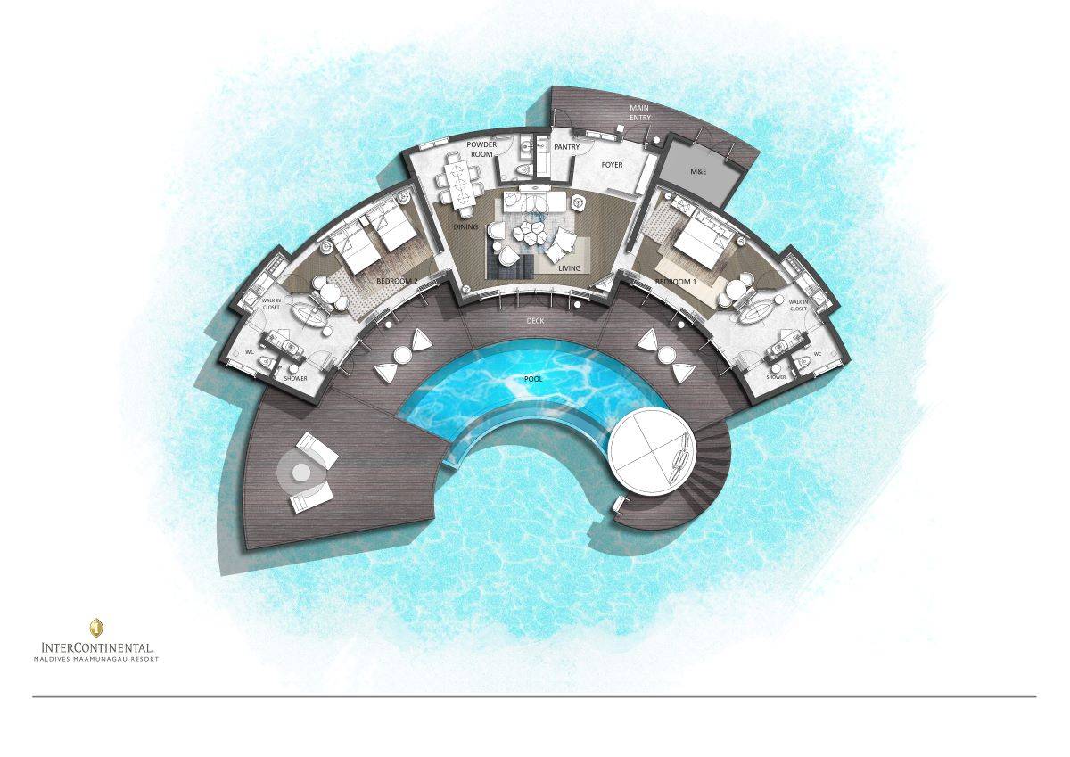 InterContinental Maldives Maamunagau Resort, Two Bedroom Overwater Pool Villa, Grundriss
