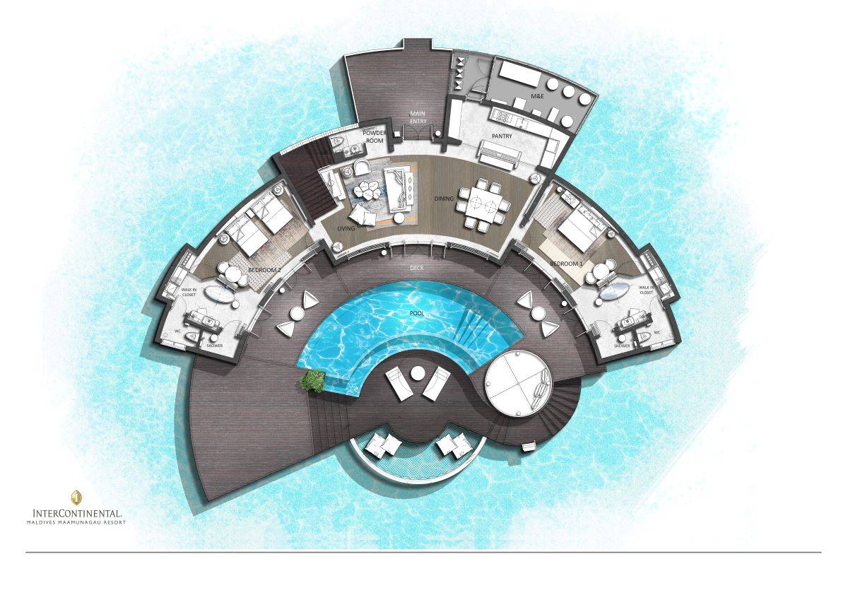 InterContinental Maldives Maamunagau Resort, Three Bedroom Overwater Pool Residence, Grundriss EG