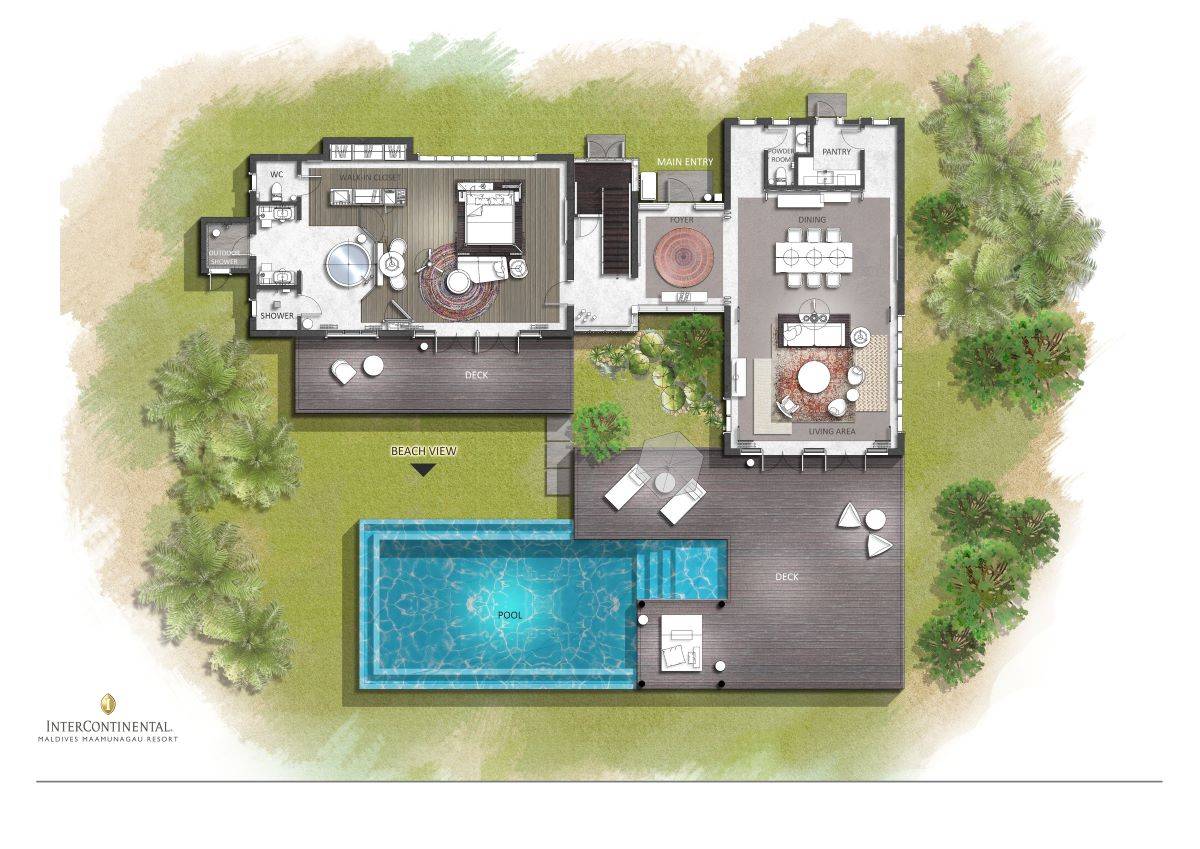 InterContinental Maldives Maamunagau Resort, Two Bedroom Beachfront Residence, Grundriss EG