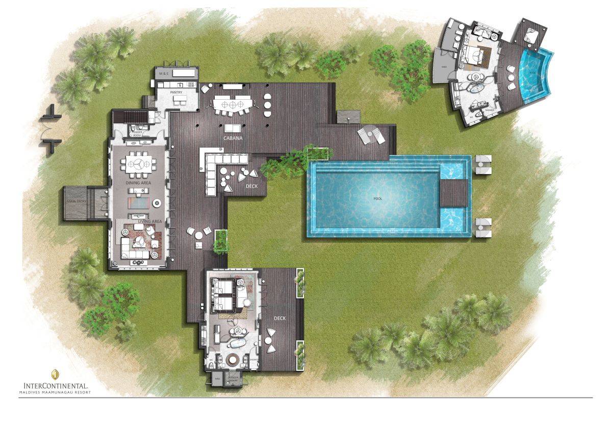 InterContinental Maldives Maamunagau Resort, Three Bedroom Royal Beachfront Residence, Grundriss EG