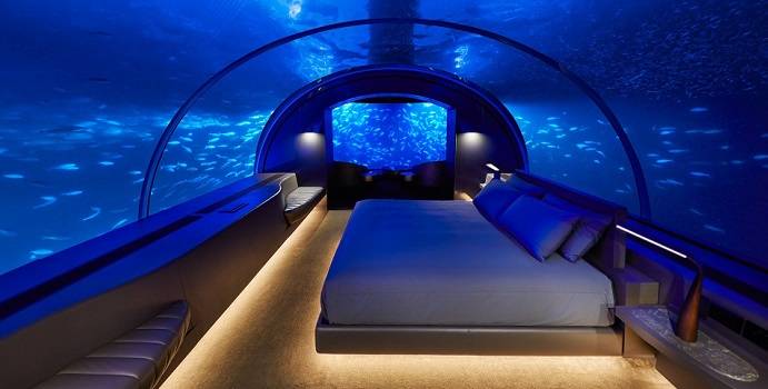 Unterwasserschlafzimmer bei Nacht, The Muraka, Conrad Maldives Rangali Island