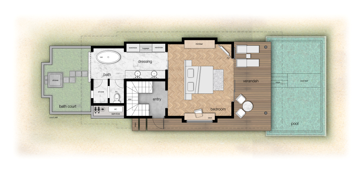 Outrigger Maldives Maafushivaru, Malediven, Duplex Pool Villa, Grundriss, Erdgeschoss