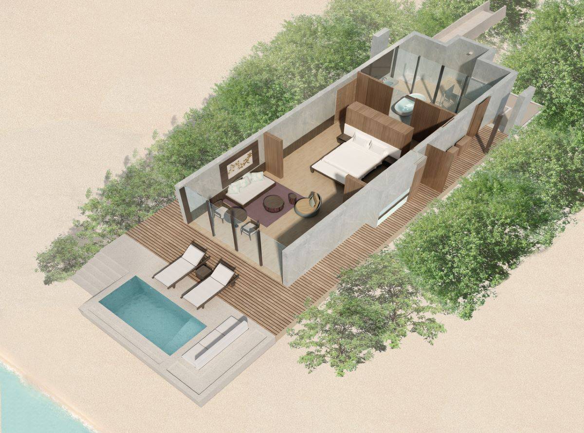 The Westin Maldives Miriandhoo Resort, Malediven, Deluxe Beach Villa Pool, 3D Grundriss