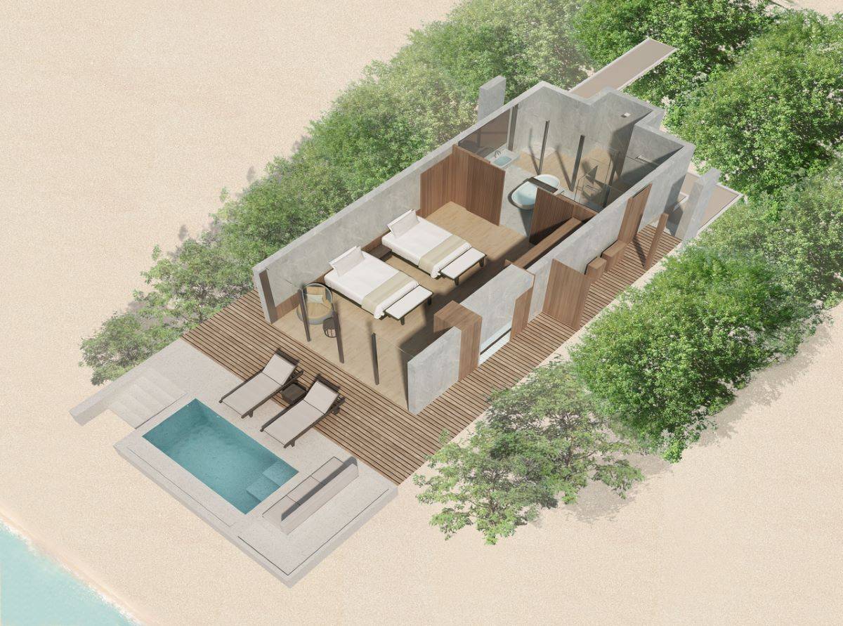 The Westin Maldives Miriandhoo Resort, Malediven, Family Beach Villa Pool, 3D Grundriss