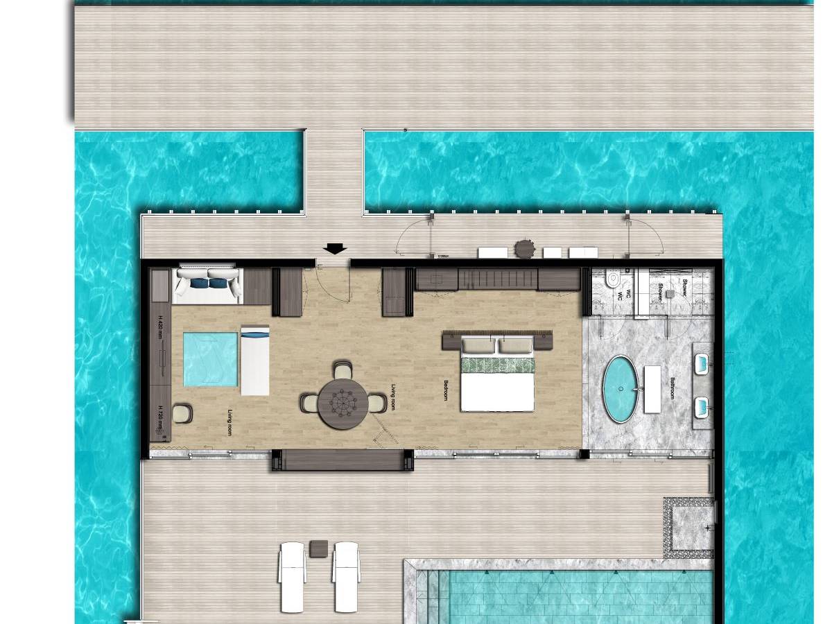 The Westin Maldives Miriandhoo Resort, Malediven, Overwater Villa Pool, Grundriss