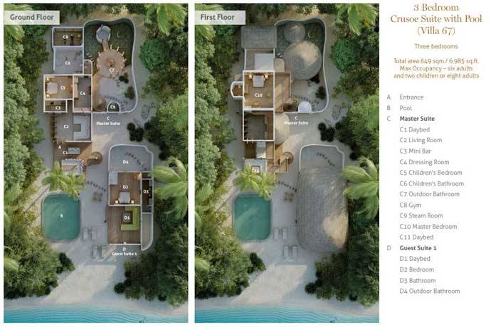 Grundriss Villa 67, 3 Bedroom Crusoe Suite with Pool, Three Bedroom Villa Suite with Pool, Soneva Fushi Resort
