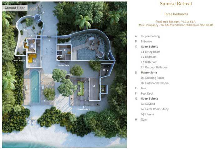Grundriss Erdgeschoss, Sunrise Retreat, Three Bedroom Villa Suite with Pool, Soneva Fushi Resort