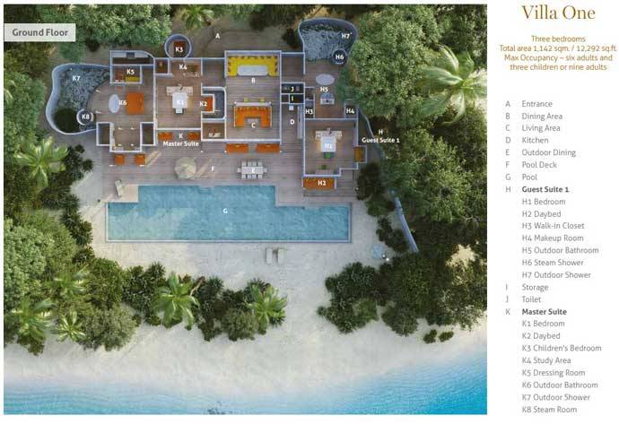 Grundriss Erdgeschoss, Villa One, Three Bedroom Residence with Pool, Soneva Fushi Resort