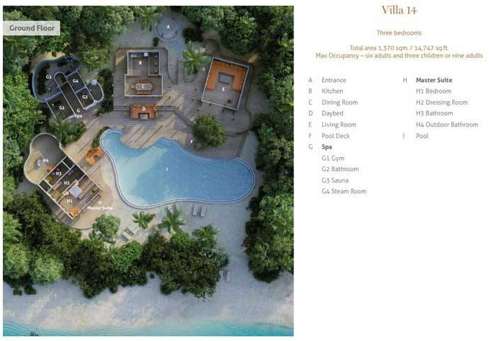 Grundriss Erdgeschoss, Villa 14, Three Bedroom Residence with Pool, Soneva Fushi Resort