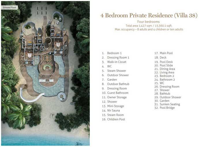 Grundriss Erdgeschoss, Villa 38, Four Bedroom Residence with Pool, Soneva Fushi Resort