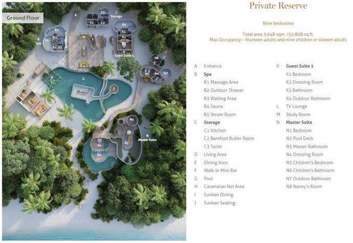 Grundriss Erdgeschoss, Private Reserve, Nine Bedroom Residence with Pool, Soneva Fushi Resort
