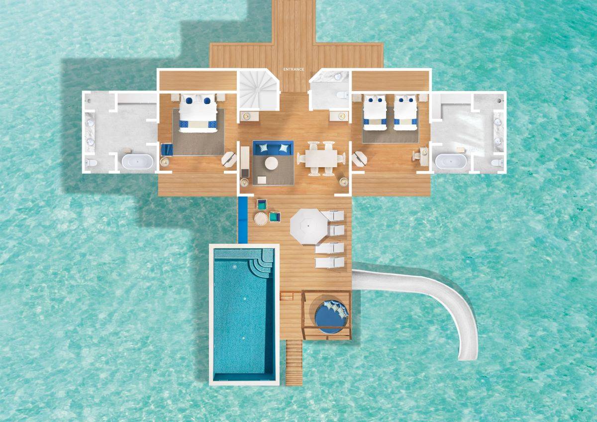 Cora Cora Maldives, Two Bedroom Family Lagoon Pool Villa, Grundriss Erdgeschoss, mit Rutsche