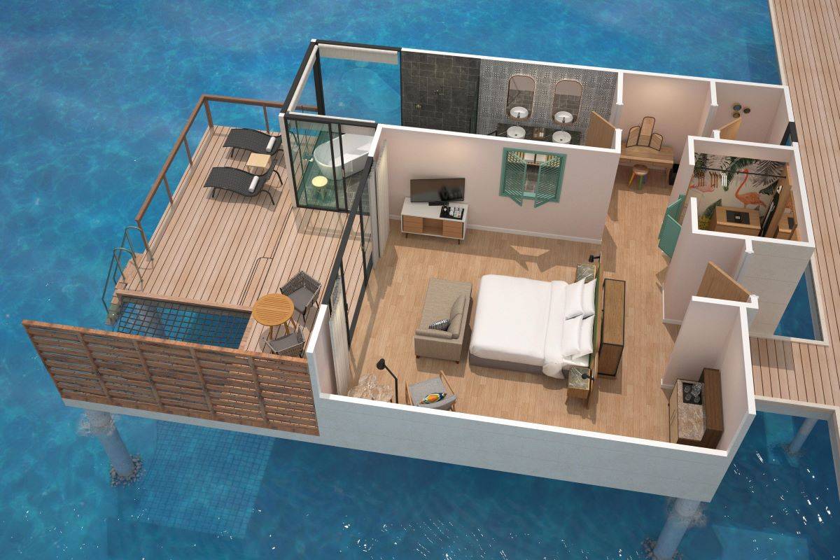 Le Méridien Maldives Resort & Spa, Malediven, Sunrise Overwater Villa, Grundriss