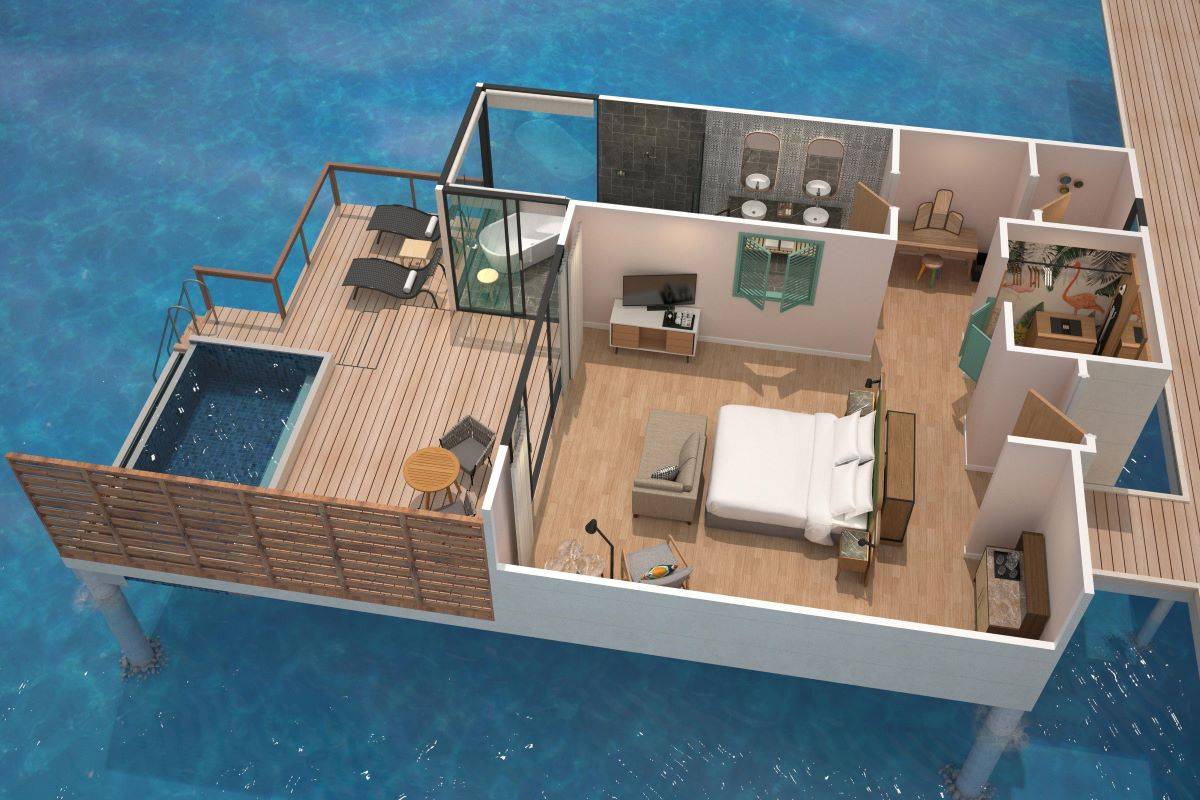 Le Méridien Maldives Resort & Spa, Malediven, Overwater Villa with Pool, Grundriss