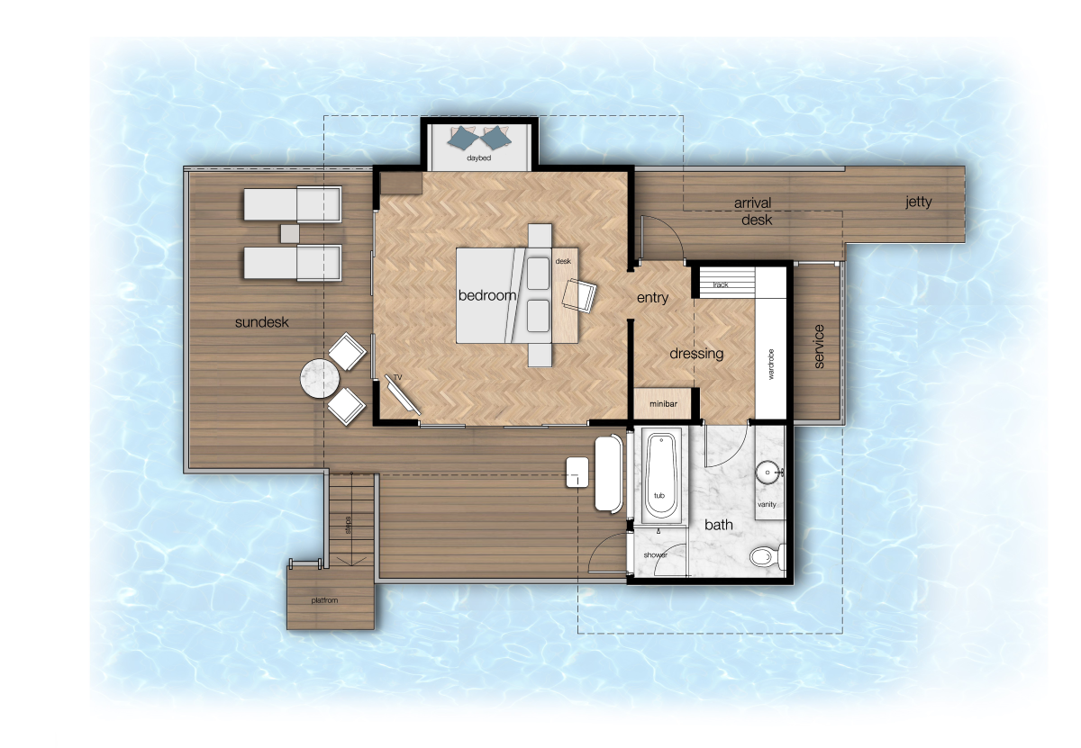 Outrigger Maldives Maafushivaru Resort, Malediven, Over Water Villa, Grundriss