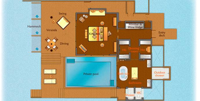 Grundriss, Sunset Wasser Pool Villa, Anantara Kihavah Villas, Malediven