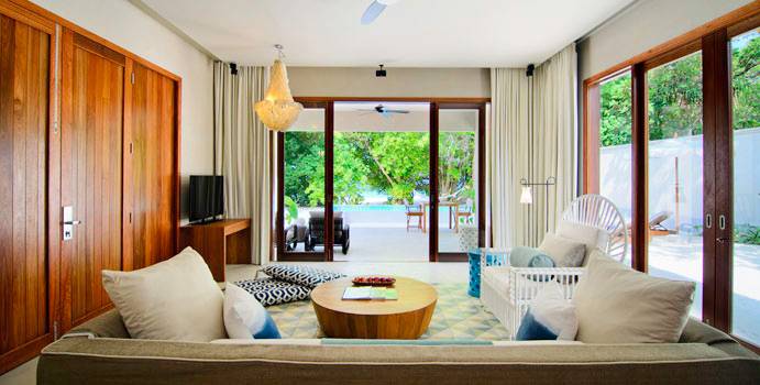 Terasse, Wohnen, 600qm Beach House, Amilla Fushi, Malediven