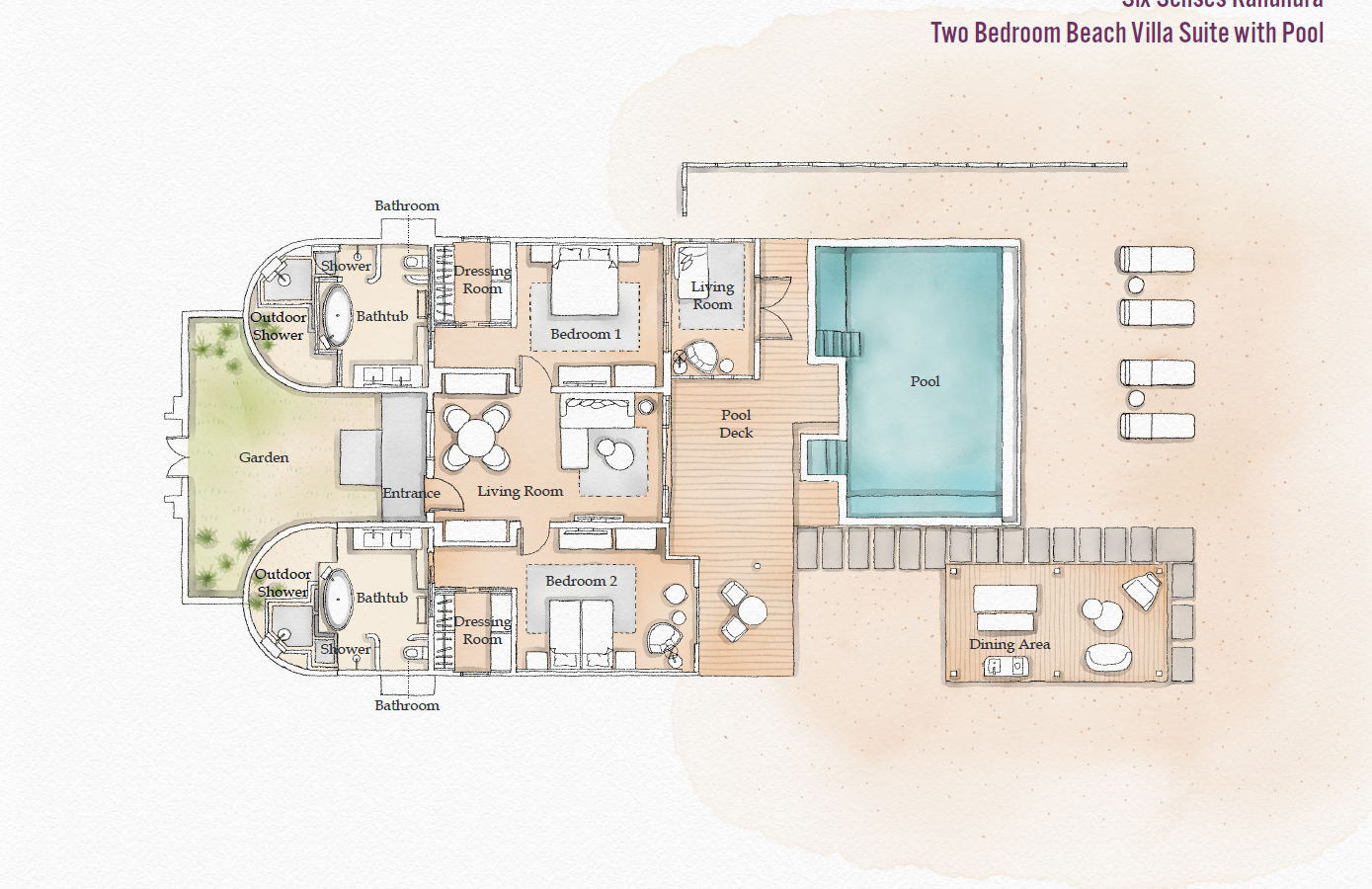 Six Senses Kanuhura, Two Bedroom Beach Villa Suite with Pool, Grundriss