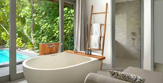 Badezimmer, Beach Family Pool Villa, Vakkaru Maldives