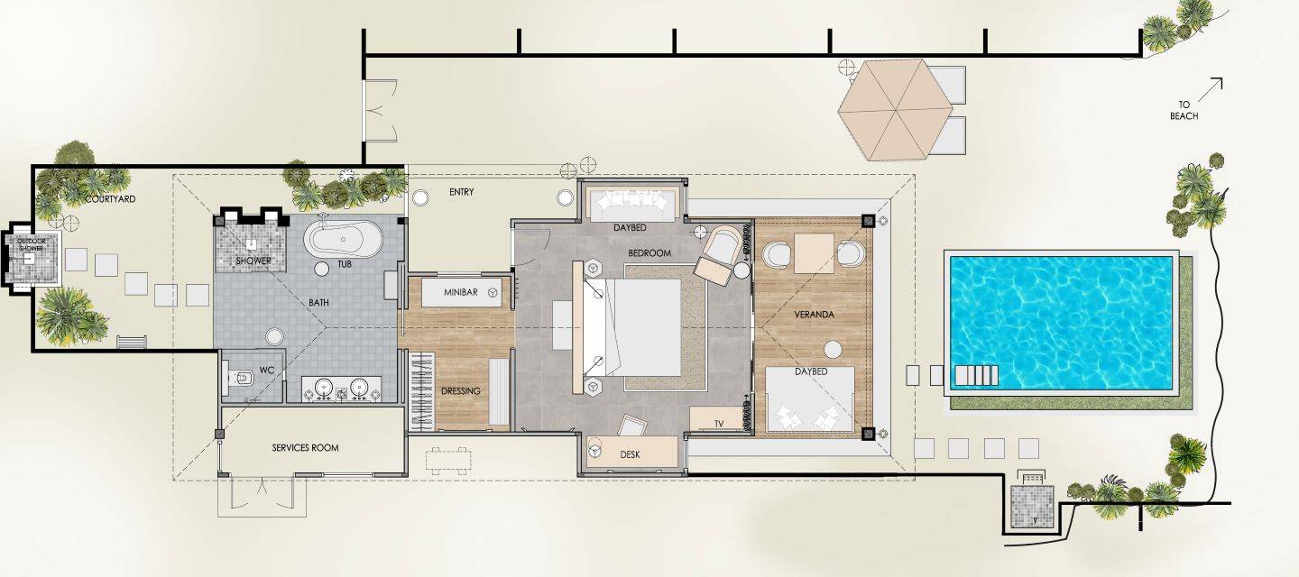 Seaside Finolhu, Baa Atoll, Maldives, Beach Pool Villa, Grundriss