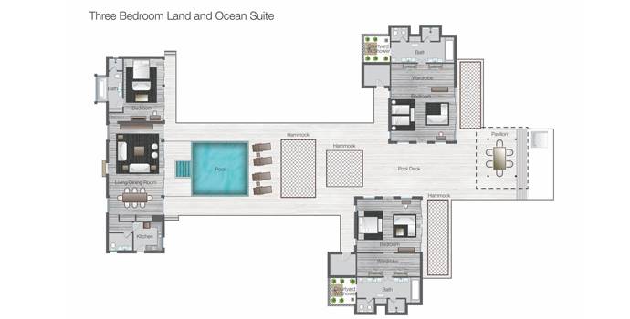 Floorplan, Three Bedroom Land and Ocean Suite, Four Seasons Resort Maldives