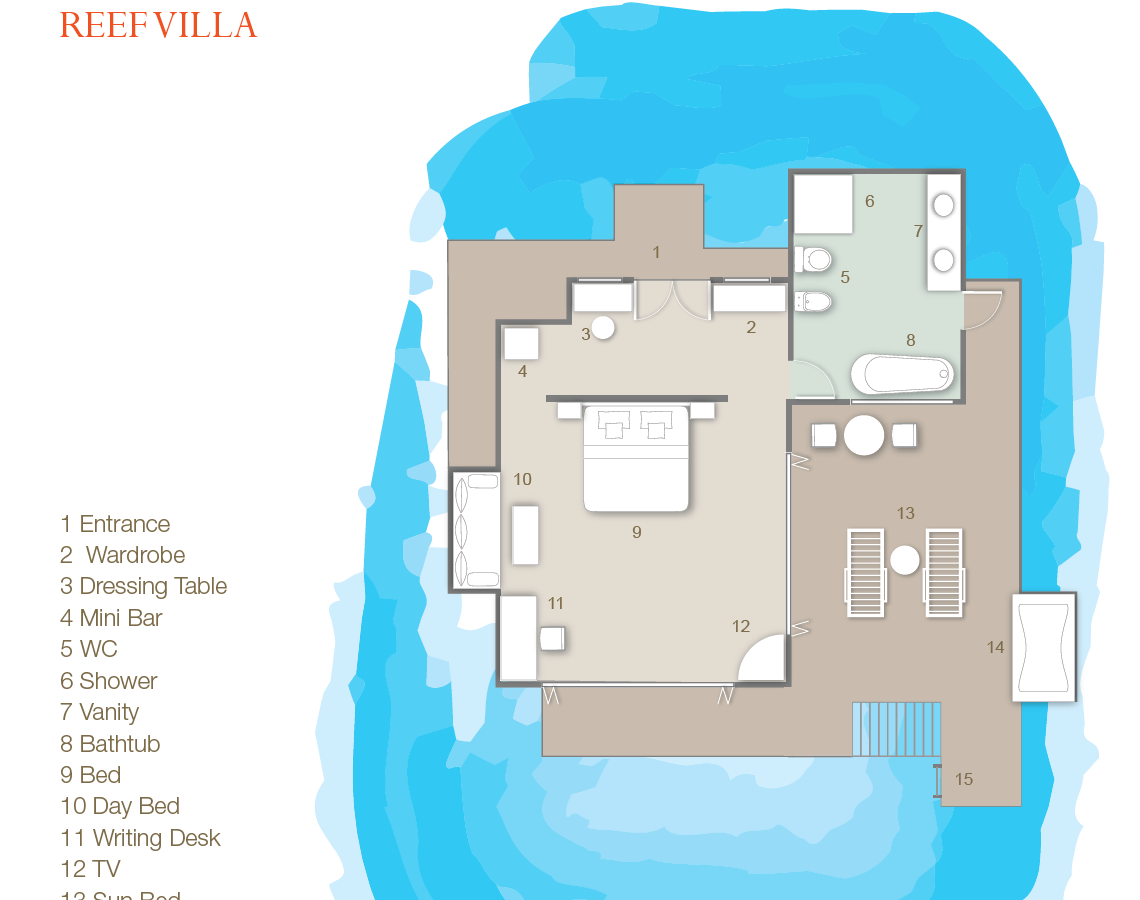 Sun Siyam Vilu Reef, Malediven, Reef Villa, Grundriss