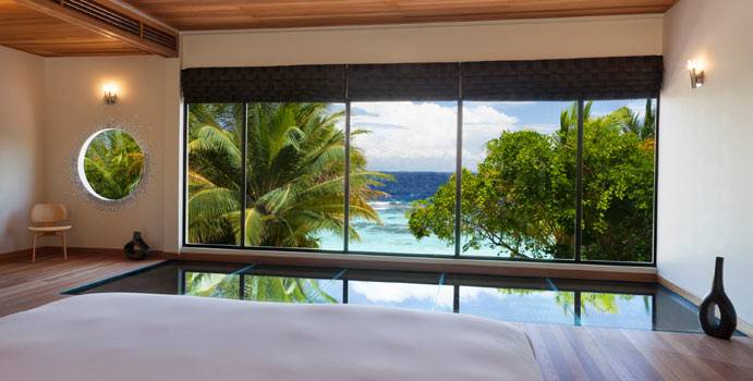 Ausblick vom Schlafzimmer im ersten Stock, Two Bedroom Beach Pavilion with Pool, Huvafen Fushi Maldives