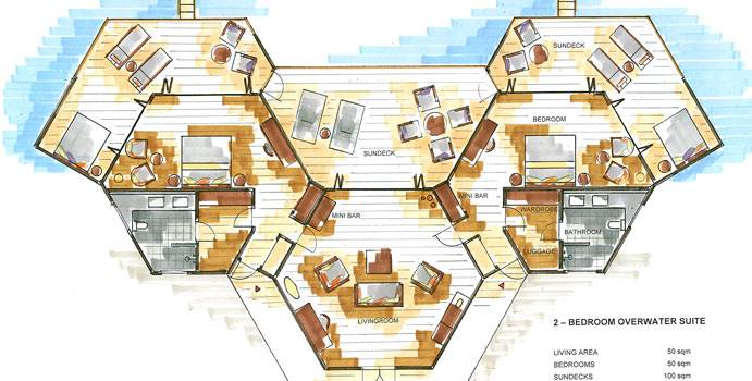 Grundriss, 2-Bedroom Overwater Suite, Mirihi Island Resort