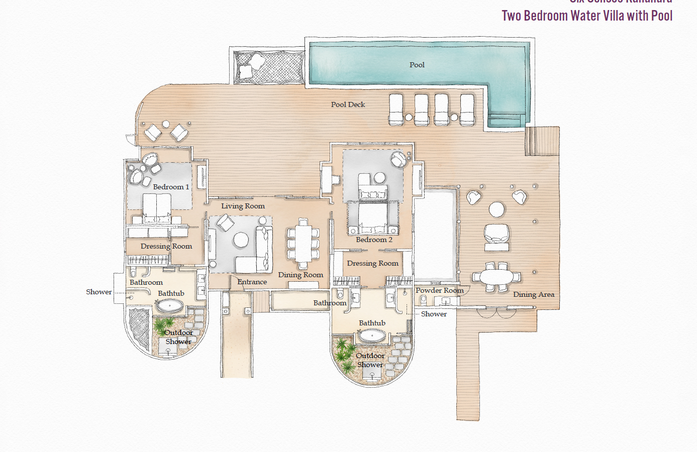 Six Senses Kanuhura, Two Bedroom Water Villa with Pool, Grundriss