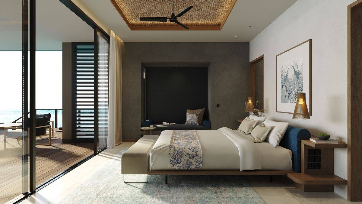 Veligandu Island Resort, Malediven, Sunset Ocean Pool Villa, Schlafzimmer mit Ausgang zur Terrasse