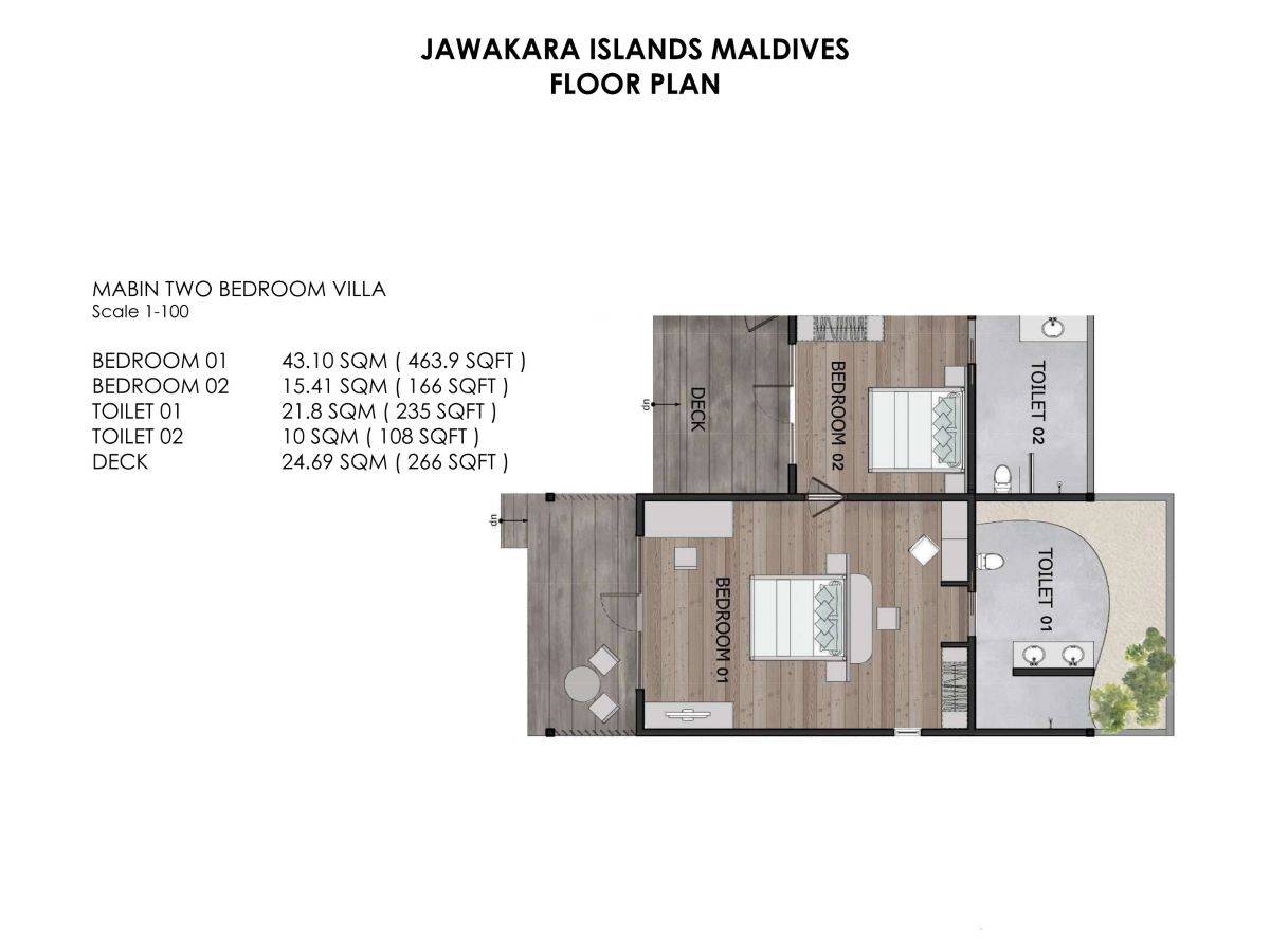 Jawakara Isalnds Maldives, Malediven, Mabin Two Bedroom Villa, Grundriss