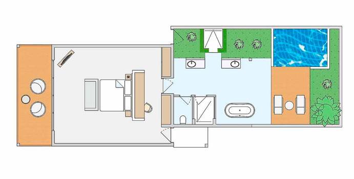 Grundriss, Strandbungalow Garten Pool, ROBINSON Club Noonu