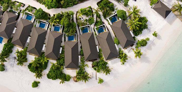 Luftaufnahme, Strandbungalow Garten Pool, ROBINSON Club Noonu