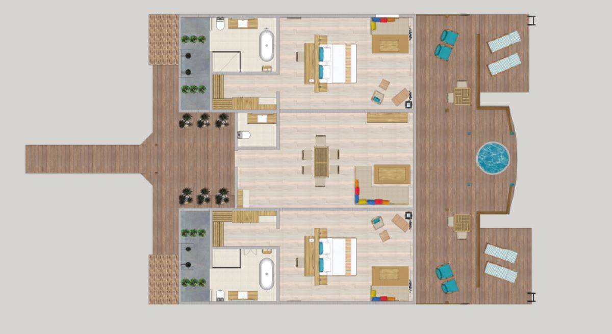 Reethi Faru Resort, Malediven, Two-Bedroom Water Villa Suite with Spa Tub, Grundriss