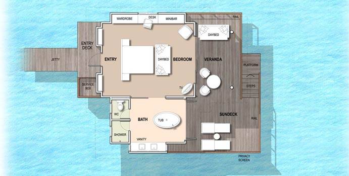 Fushifaru Maldives, Jacuzzi Water Villa, Grundriss
