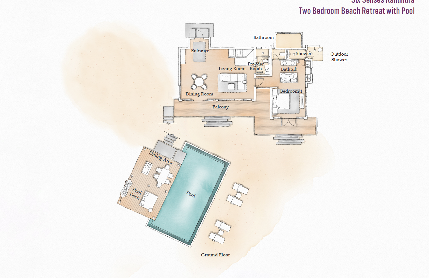Six Senses Kanuhura, Two Bedroom Beach Retreat with Pool, Grundriss EG