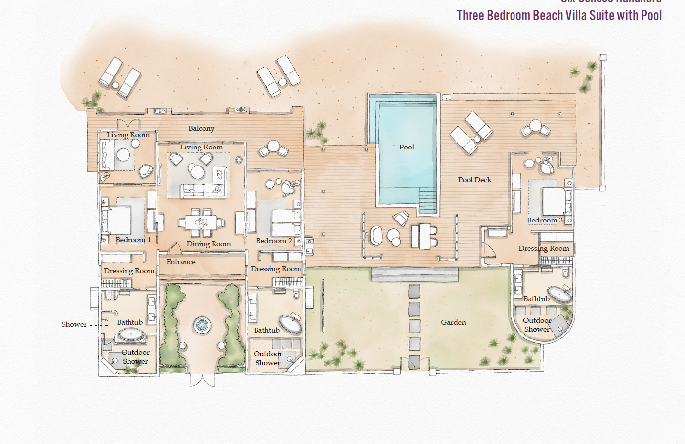 Six Senses Kanuhura, Three Bedroom Beach Villa Suite with Pool,  Grundriss