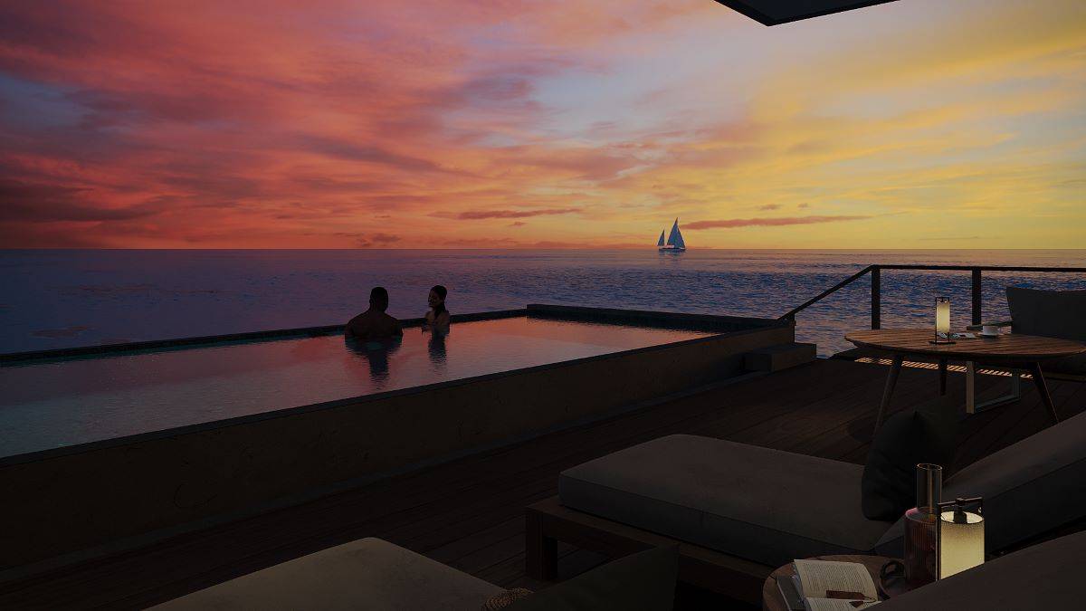 Veligandu Island Resort, Malediven, Sunset Ocean Pool Villa, Pool bei Sonnenuntergang