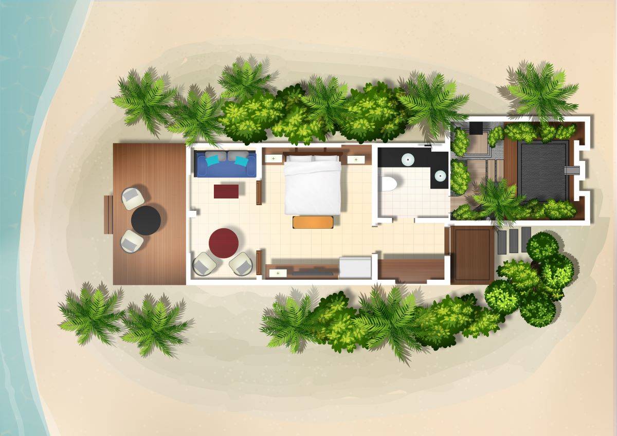 Dhawa Ihuru, Malediven, Beachfront Rainmist Villa, Grundriss
