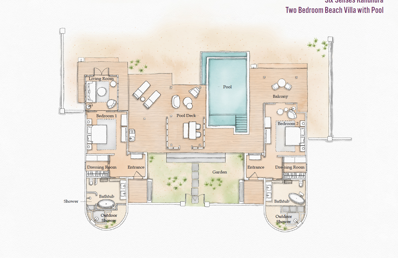 Six Senses Kanuhura, Two Bedroom Beach Villa with Pool, Grundriss
