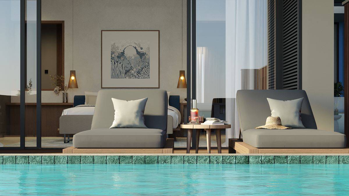 Veligandu Island Resort, Malediven, Sunset Ocean Pool Villa, Sitzgelegenheiten am Pool