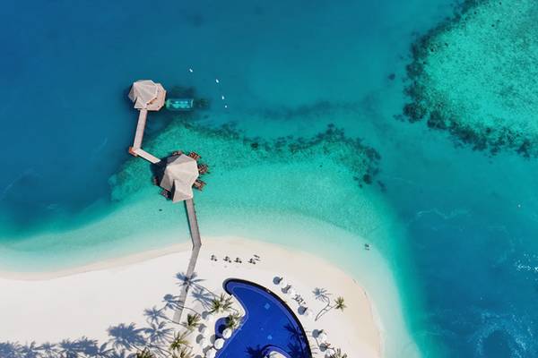 Conrad Rangali, Rangali Island, Pool, Unterwasserrestaurant, Drohnenfoto, Steffen Abel